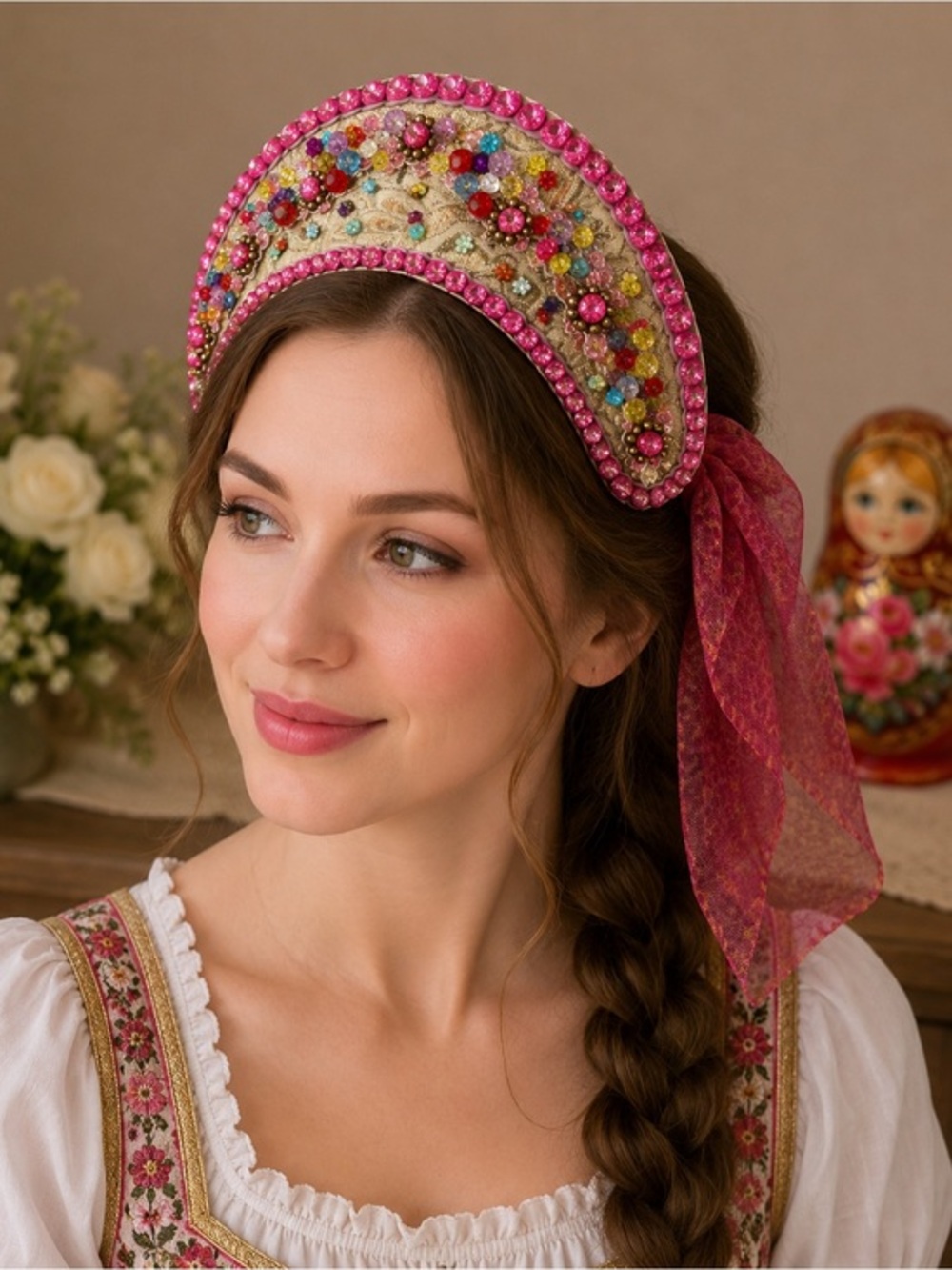 Russian Kokoshnik Headband Pink Beaded Folk Headdress Ribbon Crown
